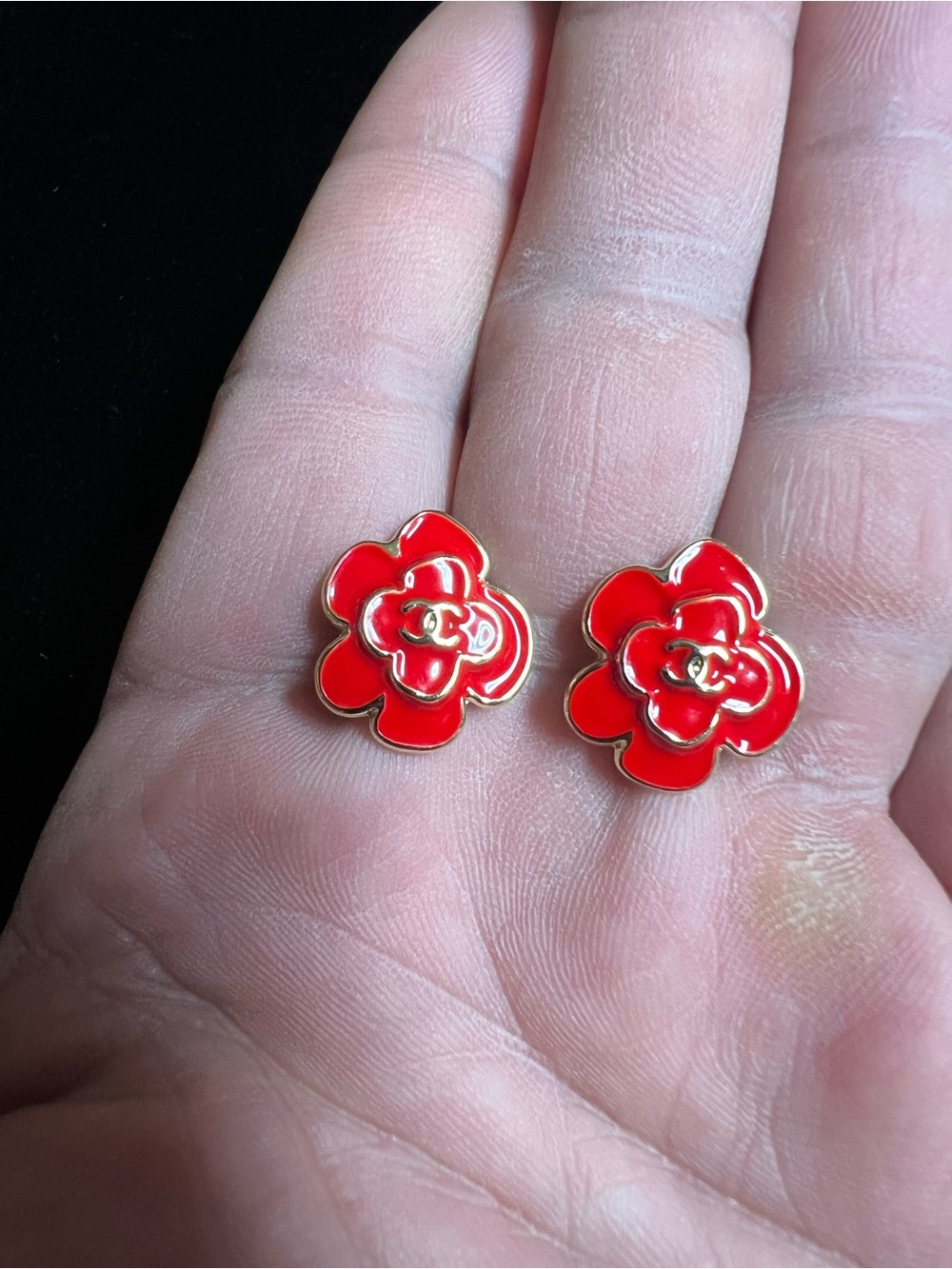 ChaneI Red Flower With Gold - Tone Stud Earrings For Pierced Ears NEW